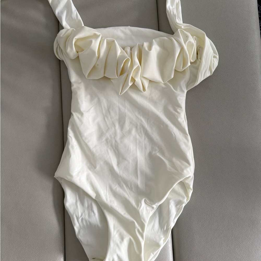 Cream One Piece Swimsuit with Ruffled Puff Sleeves